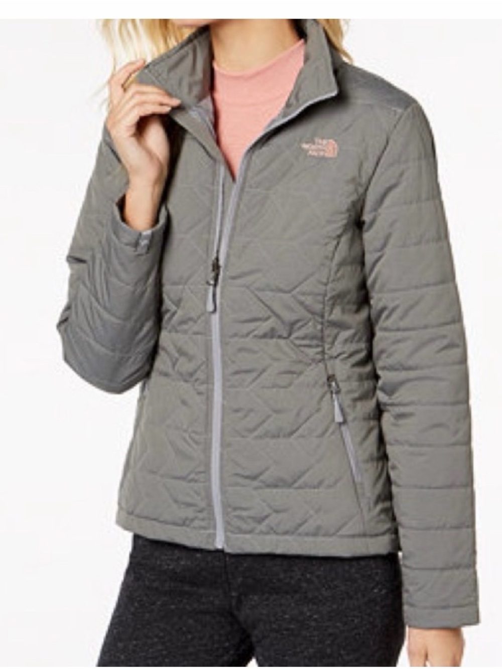 The North Face Women's Quilted Puffer Jacket - Gray with Pink Logo